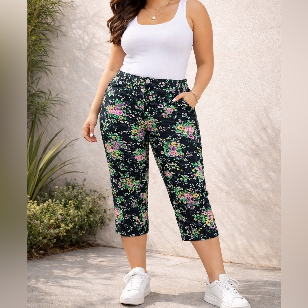Laundry by Shelli Segal Size 12 Black Floral Capri Pants Stretch